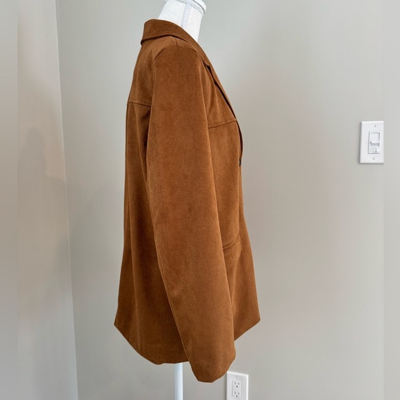 Faux Suede Brown Lapel Collar Button Up Oversized Jacket Blazer Small - Picture 9 of 14